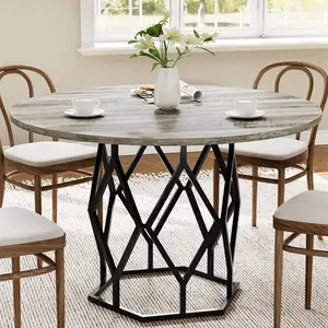 GARVEE 47 Inch Round Dining Table, Farmhouse Diner Table for 4-6 People, Kitchen & Dining Room Tables, Wood Circle Table for Kitchen, Dining Room, Living Room, Gray