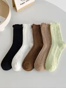 Women's Solid Textured Crew Socks, Casual Cozy Mid-calf Socks for Daily Wear, Women's Socks & Hosiery for All Seasons