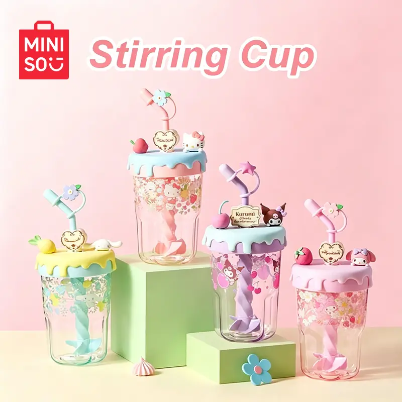 [back to school]MINISO SR HK Straw Stirring Cup, Cute High-value Drinking Mug for Girls&Kids, Portable Cartoon Blender Tumbler with Straw, Reusable Daily Water Bottle, Ideal for Home Office School Outdoor Travel and Casual Beverage Use