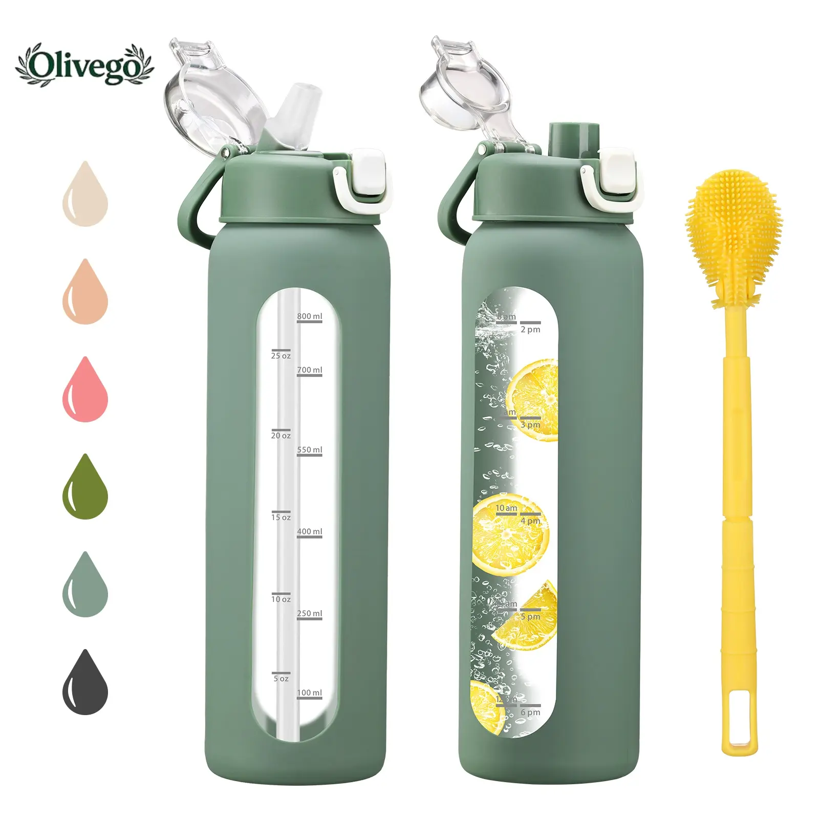 【Olivego】Reusable 32oz/1L Borosilicate Glass Sports Water Bottle, Plastic-Free Leakproof Tumbler with 2 Lids (Straw & Spout), Time Marker, Silicone Sleeve, Portable Travel Bottled Drinkware for Gym & Daily Hydration - Washable Gift for Him/Her