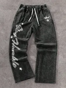 Men's Washed Cotton Straight Leg Pants, Star Print, Casual Travel Commute Wear, Daily Use, Comfortable and Stylish