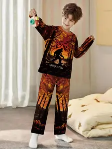 Bigfoot legend! Orange-red gradient adventure style 2-piece boys' digital printed long-sleeve pajamas with long pants, made of flame-retardant fabric. A fashionable, trendy, casual, comfortable and soft pajama set, suitable for sleeping and home leisure.