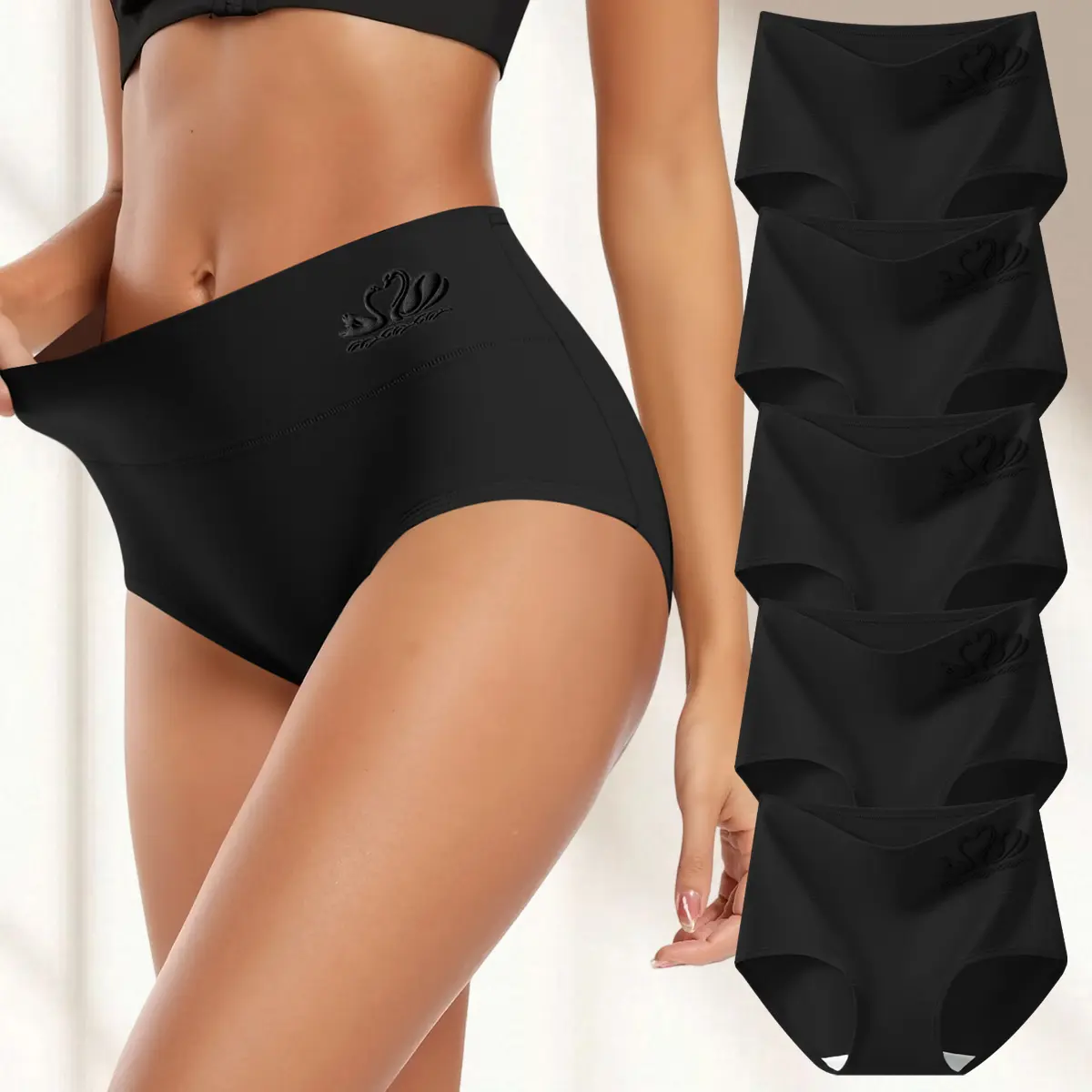 HOTCOM 5 Pack Women's Seamless High Waisted Cotton Panties Soft Comfy Basic Lingerie in Black Everyday Leg Friendly Fit with Double Layer Crotch