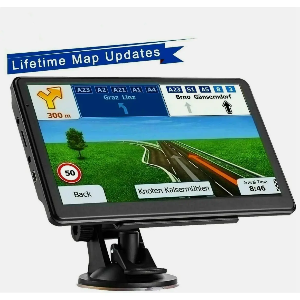 7‑Inch Car Truck GPS Navigator with 2500mAh Rechargeable Polymer Battery, Spoken Voice Navigation & Lane Assistant, Postcode POI Search, MP3 MP4 Multimedia Player, Sunshade and Mount Kit for Road Travel