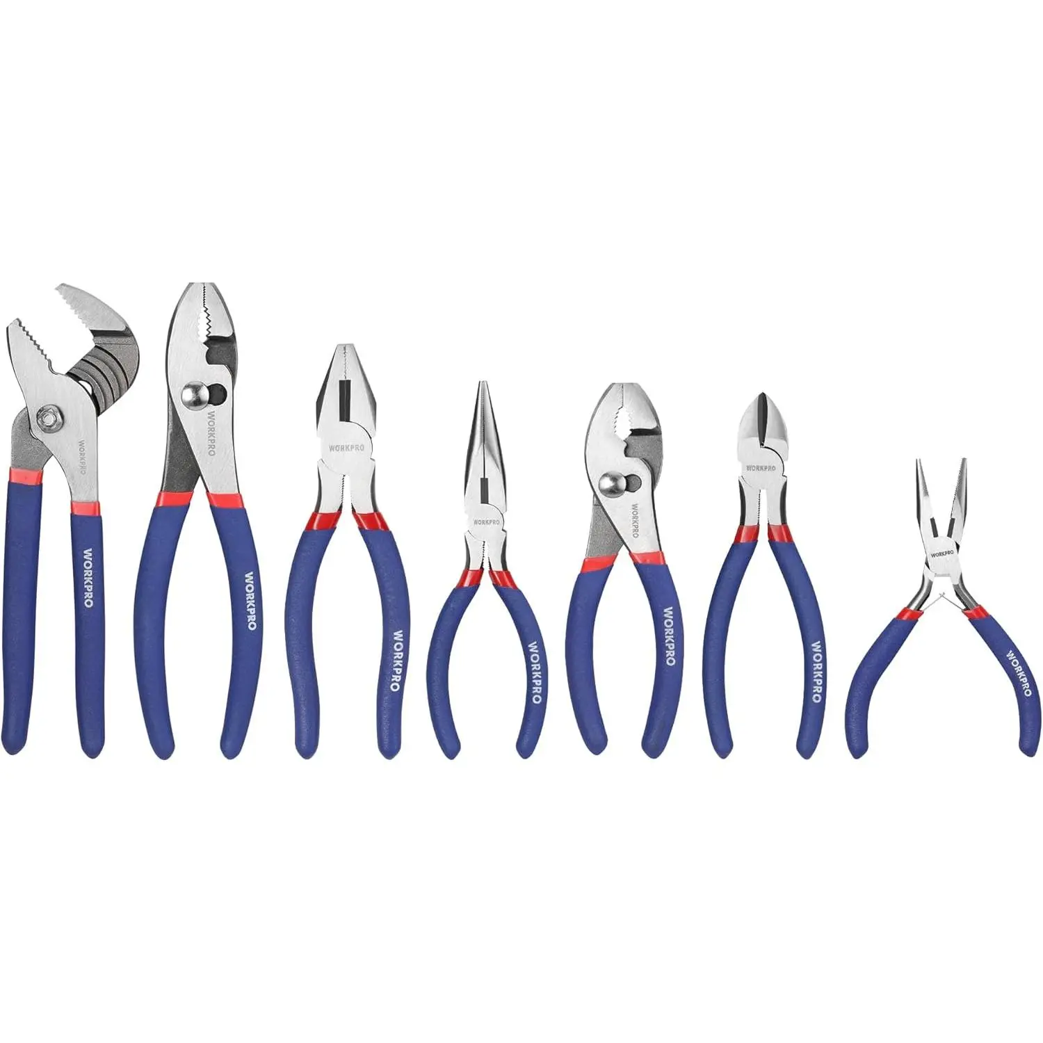 Workpro 7-Piece Steel Pliers Set - Groove Joint, Long Nose, Slip Joint, Lineman, Diagonal Pliers with Adjustable Jaws, Hardened Edges for DIY Users, Home Use, Inches