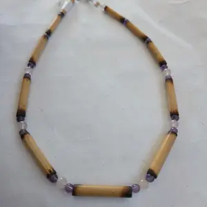 Handmade Bamboo Necklace with Rose Quartz & Amethyst Beads 15 Inch Choker No Plastic Wearable in Shower & Swimming