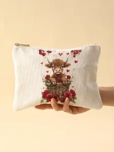 Cow Print Corduroy Makeup Bag with Zipper Lining, Lightweight Multi-Functional Cosmetic Organizer for Toiletries & Accessories, Ideal for Valentine's Day, Travel Cosmetic Bag, Travel Toiletry Organizer