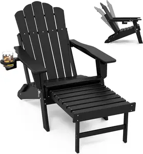 FOOWIN Adjustable Adirondack Chair with Retractable Ottoman, Folding Adirondack Chair with Cup Holder, HDPE All-Weather Fire Pit Chair for Patio, Yard, Poolside, Deck, Porch, Garden Outdoor Chaise Lounge