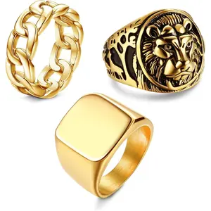 CASSIECA Unisex 3-Count 316L Stainless Steel Plated Chunky Cuban Link Stacking Ring Set - Cuban Chain Ring, Size 7-15 for Daily Wear