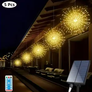 5 Packs of 480 LED Solar Starburst Lights, Fireworks Lights with Remote Timer, 8 Adjustable Modes for Hanging Fairy Lights, Copper Wire Spark Lights, Suitable for Yard Parties, Tents, And Christmas, Pure Copper Wire with Nickel-Hydride Battery.