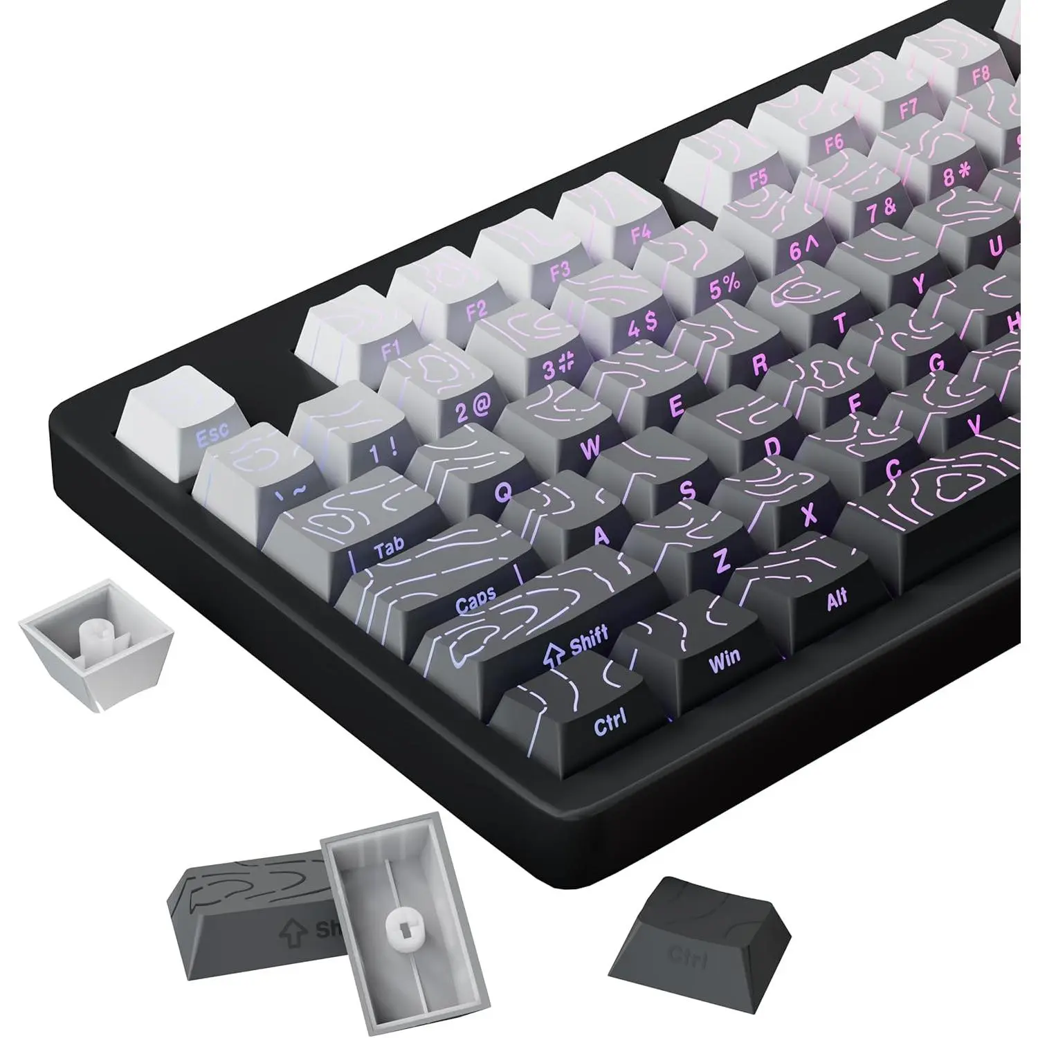 Shine Through PBT Keycaps - Black Double Shot Side Printed Backlist Keycaps Set 135  60% 65% 75%  Cherry Layout,Gradient Topographic Custom Key Caps for MX Gateron Gaming Keyboards