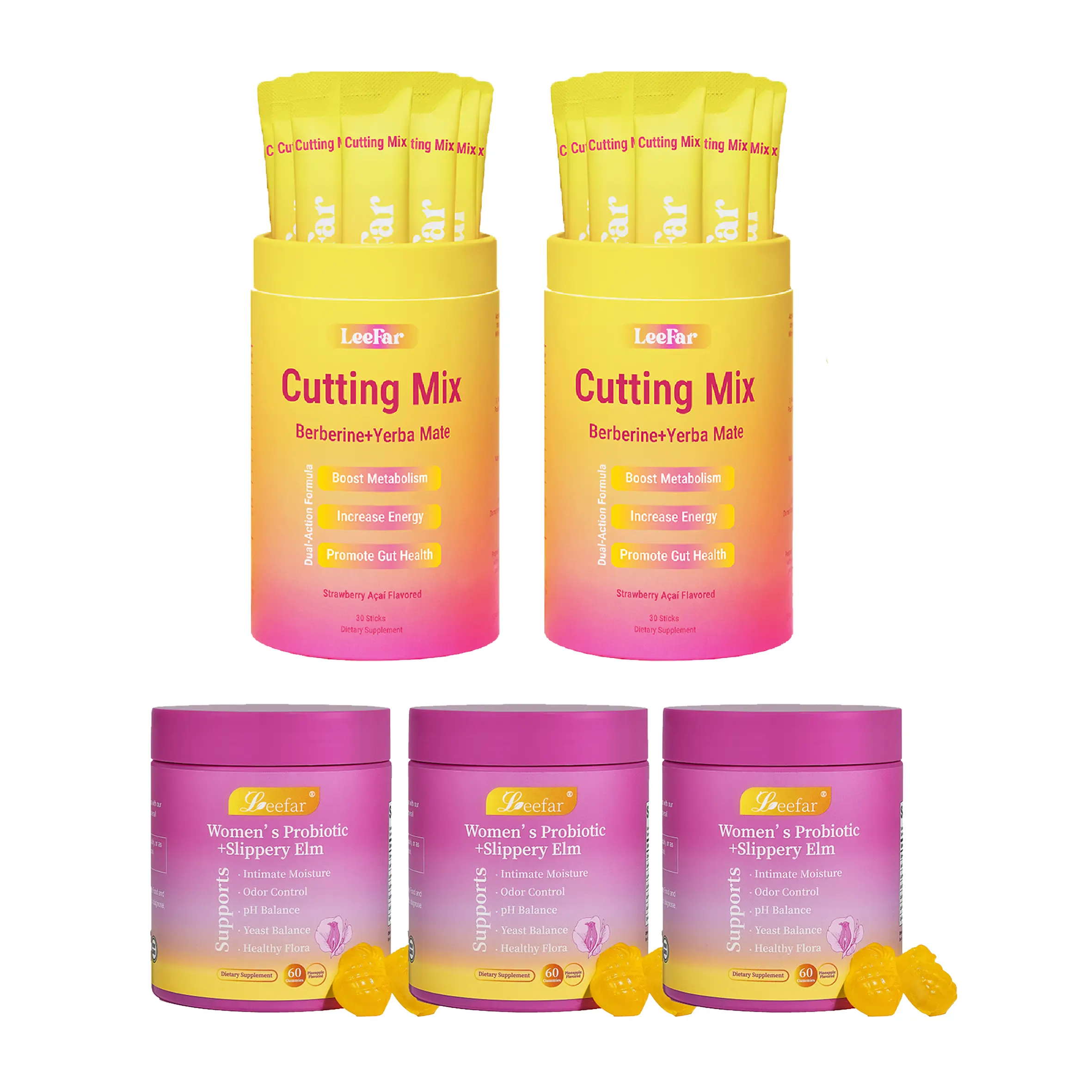 LEEFAR Signature Bundle: Women's Probiotics+Slippery Elm Pineapple Gummies*3 Bottles & Cutting Drink Mix*2 Jars