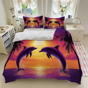 3pcs dolphins sunset sky palm trees ocean purple orange pink clouds birds bedding set (1*Duvet Cover + 2*Pillowcase, Without Core)+Soft comfortable and breathable Suitable for bedroom guest room hotel dormitory rooms