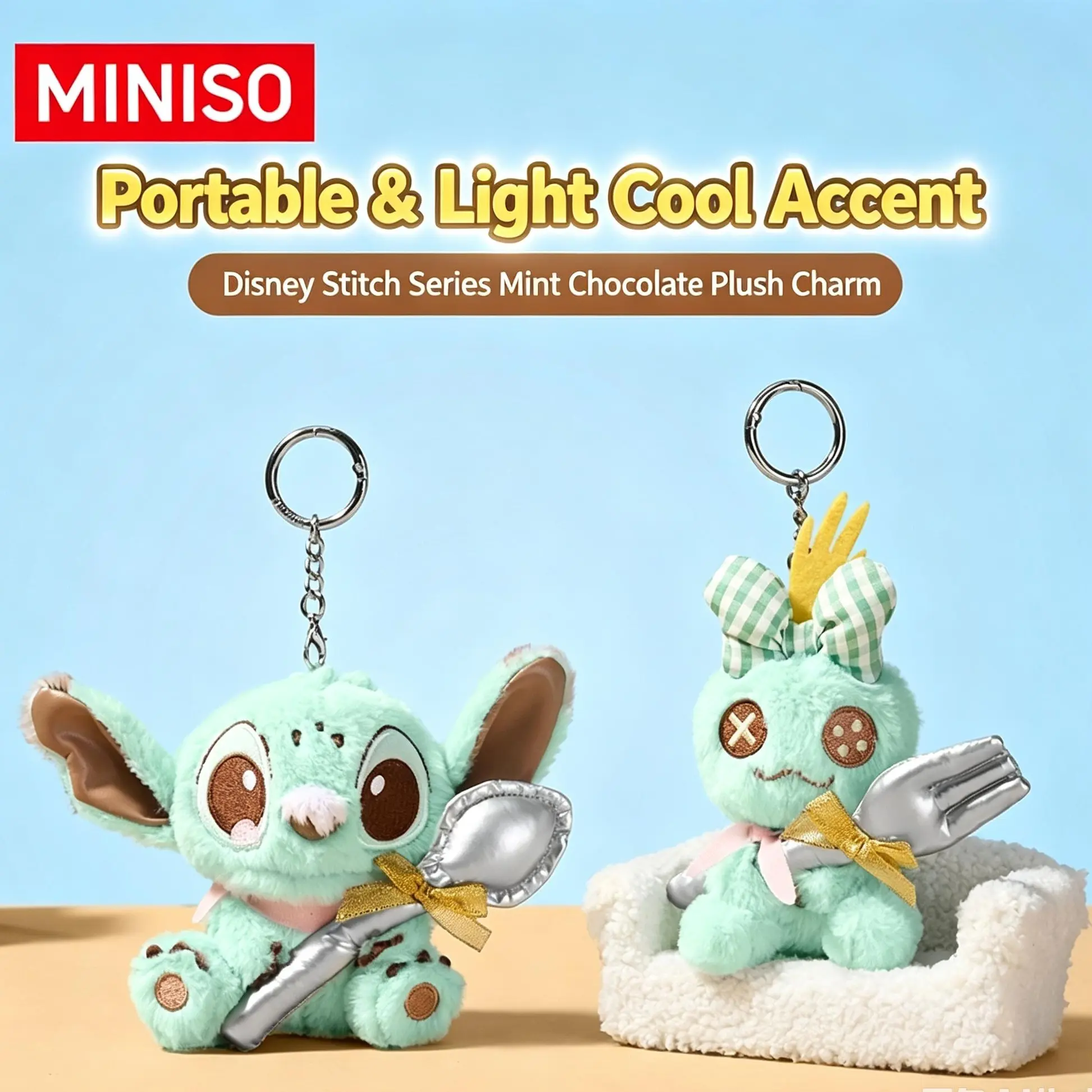 Disney Stitch Mint Chocolate Plush Bag Charm, Cute Plush Keychain, Backpack Pendant
