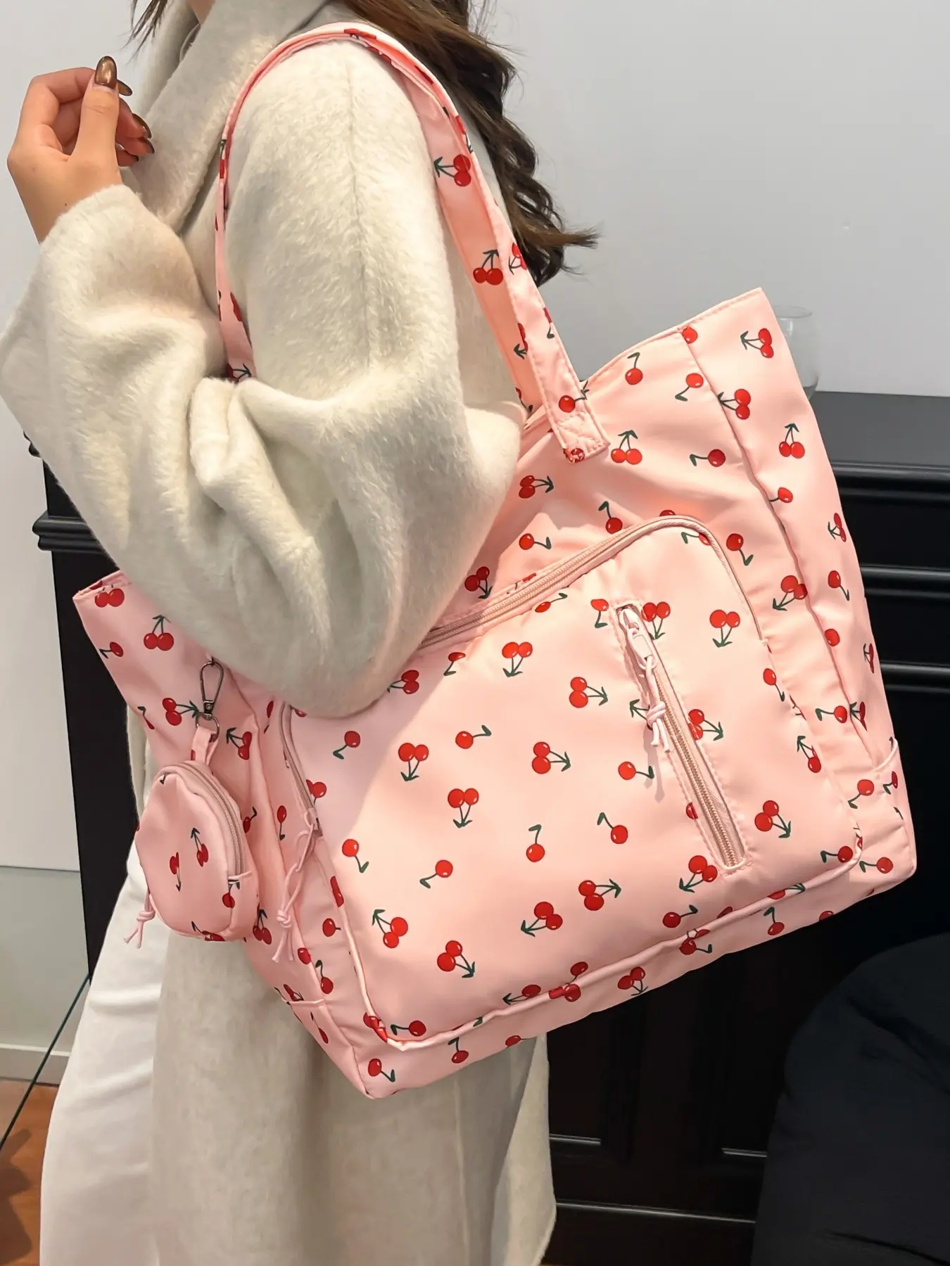 2026 New Sweet Cherry Print Large Capacity Front Zip Tote Bag, Women's Student Commute Shoulder Bag, Waterproof Nylon Travel Bag, Foldable Shopping Bag, Multifunctional Daily Commuter Bag