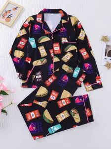 2-piece snack set, potato chips, hot dogs, bell shaped drinks, printed long sleeved shirt, long pants, soft, comfortable, skin friendly, smooth top, small pocket, button closure, elastic waistband, suitable for four households, casual wear, pajamas