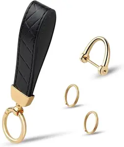 Leather Car Keychain with Anti-Lost D-Ring & 2 Keyrings | 360° Rotatable Universal Key Holder for Men & Women | Premium Car Key Ring (Black)