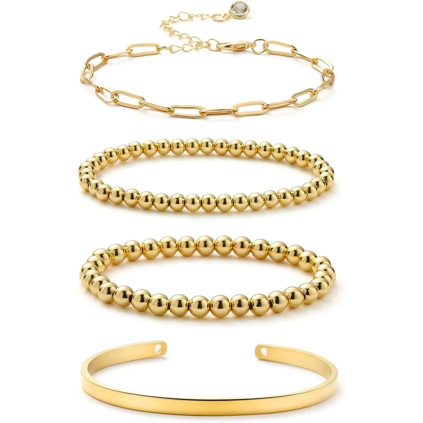 Rose Gold Beaded Bracelets for Women 18K Gold Plated Beaded Ball Stackable Stretch Bracelet Gold Cuff Bangle Set