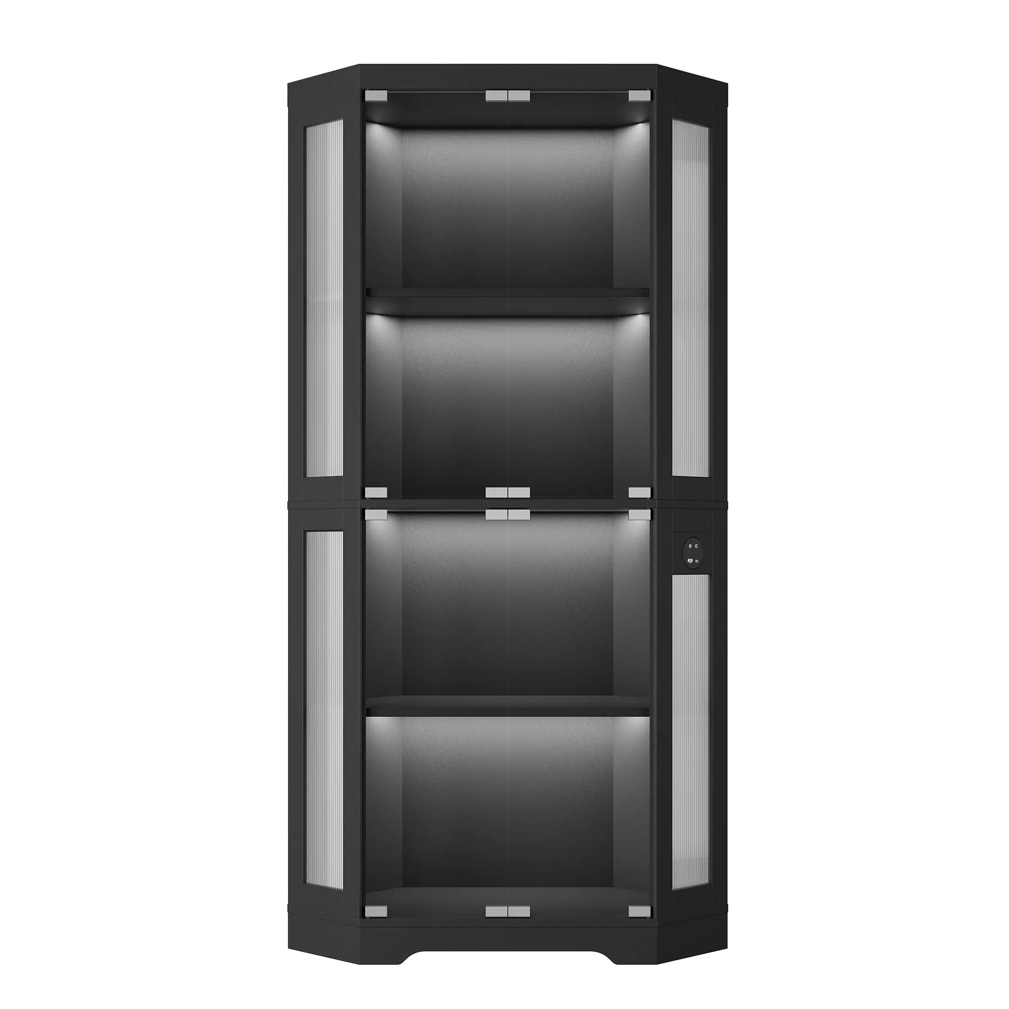 Corner Glass Display Cabinet with 4 Removable Shelves – 3-Color LED Lighting System, Built-in Motion Detector & USB Charging Ports, Elegant Showcase Storage for Collectibles, Books, Toys & Decor, Modern Furniture for Dining Room, Living Room & Study