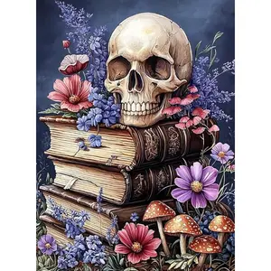 Gothic Skull Books Diamond Painting Kit - Floral Mushroom Rhinestone Art, Full Drill DIY Wall Decor