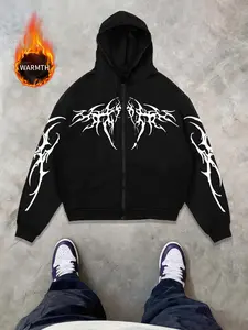 Men's Dark Thorn Totem Zip Hoodie, Gothic Tribal Graphic Print Pullover, Long Sleeve, Fleece Fabric, Street Style, Casual Fall & Winter Clothing
