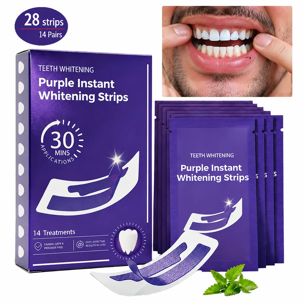 Purple Teeth Whitening Strips - 28 Strips (14 Pairs) for 30-Minute Treatments, Fast-Acting, Enamel-Safe, Ideal for Brighter Smiles, Purple Whitening Strips