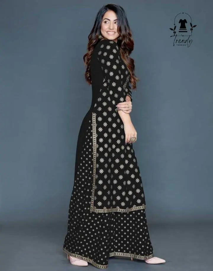 Trendy Black Viscose Rayon Kurta and Pant Set Ready To Wear with Elegant Floral Embroidery Design Long Length