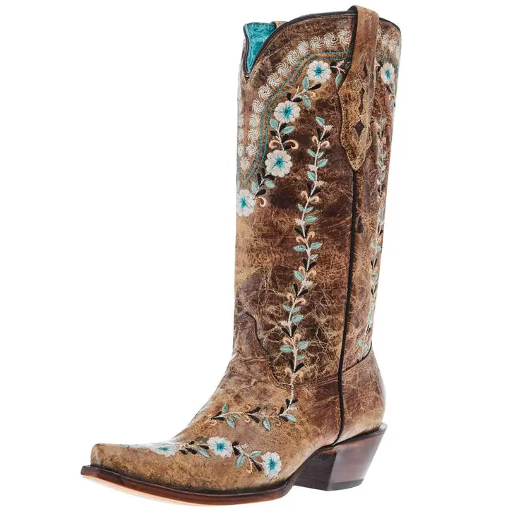 Corral Women's Cognac Flowered Embroidery 13 In Top Snip Toe Cowgirl Boot