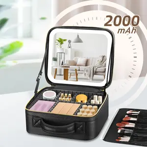 Cosmetic Portable Travel Storage Box With 2000mAh Led Rechargeable Vanity Bags Makeup Case With Led Light Mirror