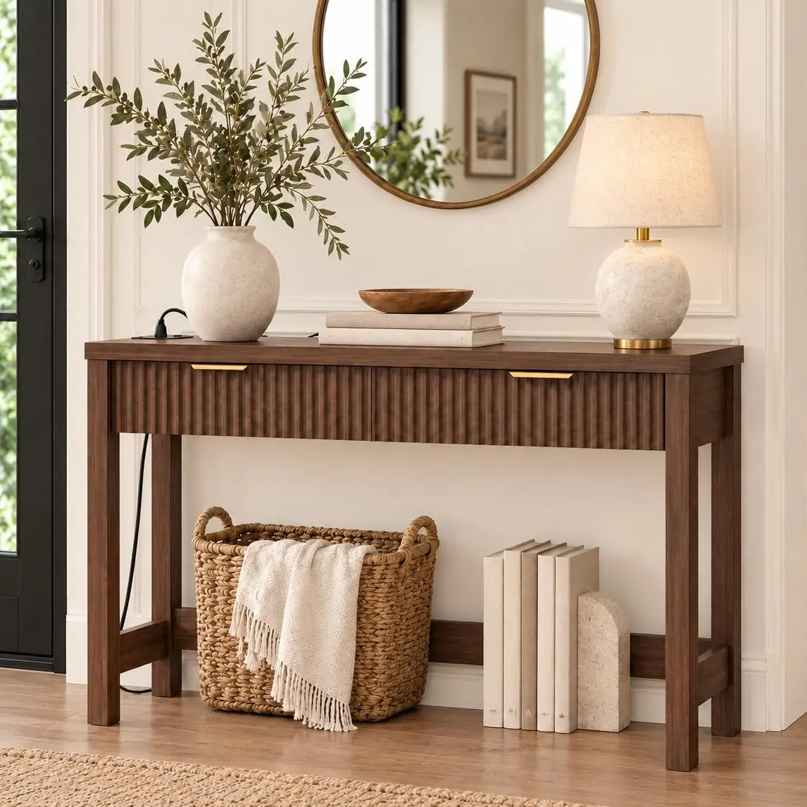 Console Table with 2 Wood Drawers, Modern 47"W Entryway Table with Charging Station,Narrow Behind Couch Sofa Table for Living Room Hallway Entrance Foyer