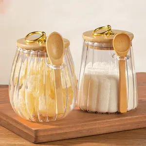 High Aesthetic Glass Sealed Jar with Wooden Spoon, Strong Seal, Ideal for Coffee Beans, Jam, Berries, Biscuits, Kitchen Seasoning Storage, Glass Spice Jar