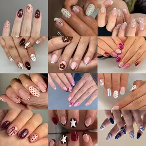 288pcs Acrylic Nail Tips Set, Short Oval Star Leopard Bow Stripe Cartoon Dot French Design, Reusable Fake Nails, Nail Extension Kit for Women Girls