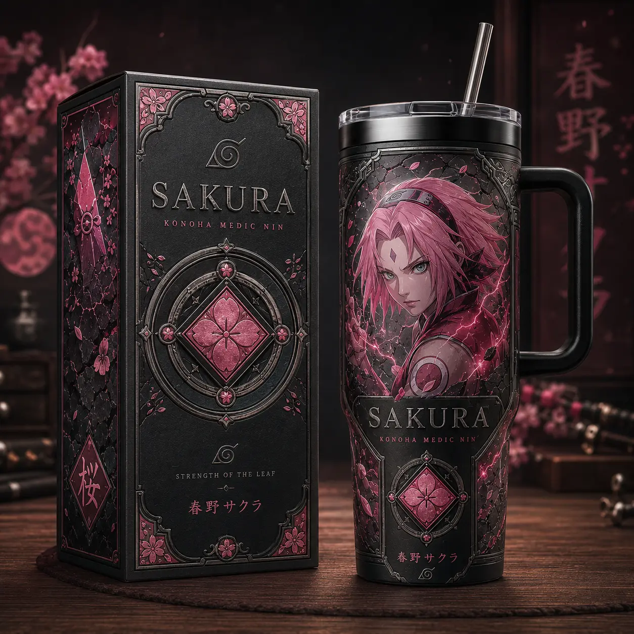 [Kitsune Archive] Sakura Haruno Naruto Shippuden 40oz Tumbler With Handle & Straw, Sakura Anime Cup, Medical Ninja Graphic Travel Mug, Cherry Blossom Inspired Insulated Water Tumbler, Hidden Leaf Ninja Fan Gift, Manga Drinkware