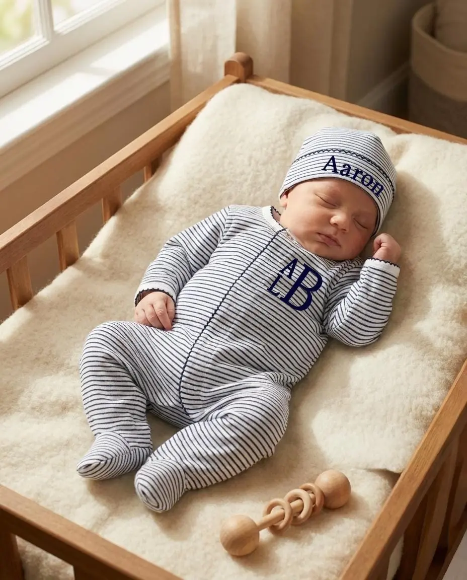 Personalized Pima Cotton Baby Sleeper with Name Monogram Newborn Footie Pajamas Convertible Mittens Baby Hat Set