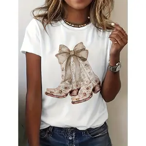 Women's Cowgirl Chinoiserie Floral Boot Graphic T-Shirt, White Short Sleeve Crew Neck Casual Summer & Spring Top with Vintage Boot Design, Spring Fashion Wear |   Floral Print Top |   Medium Stretch Fabric