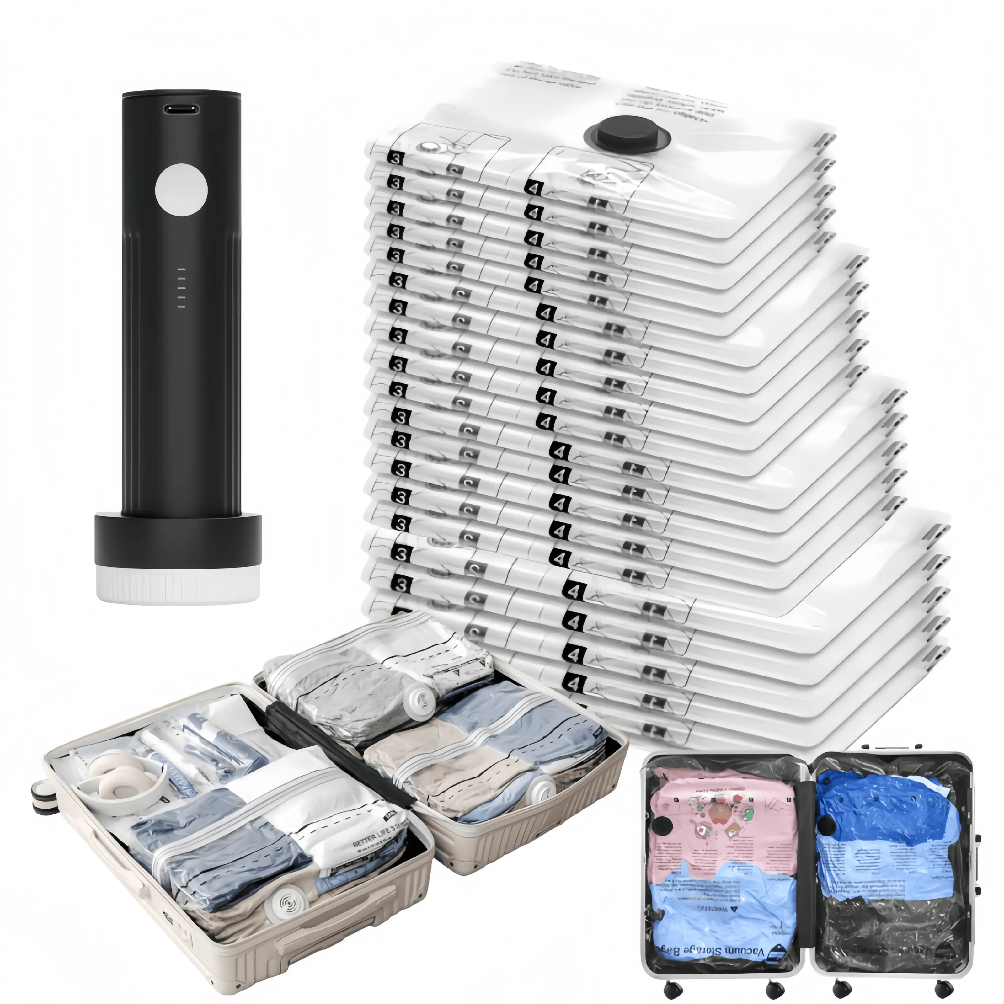 【DealsForYouDays】Cordless Travel Vacuum Storage Compression Bag Set – 12-Pack in 4 Sizes – USB Rechargeable Handheld Pump with Built-In Battery – Waterproof & Reusable Space Saver for Clothes & Packing, Perfect for Carry-On Suitcases