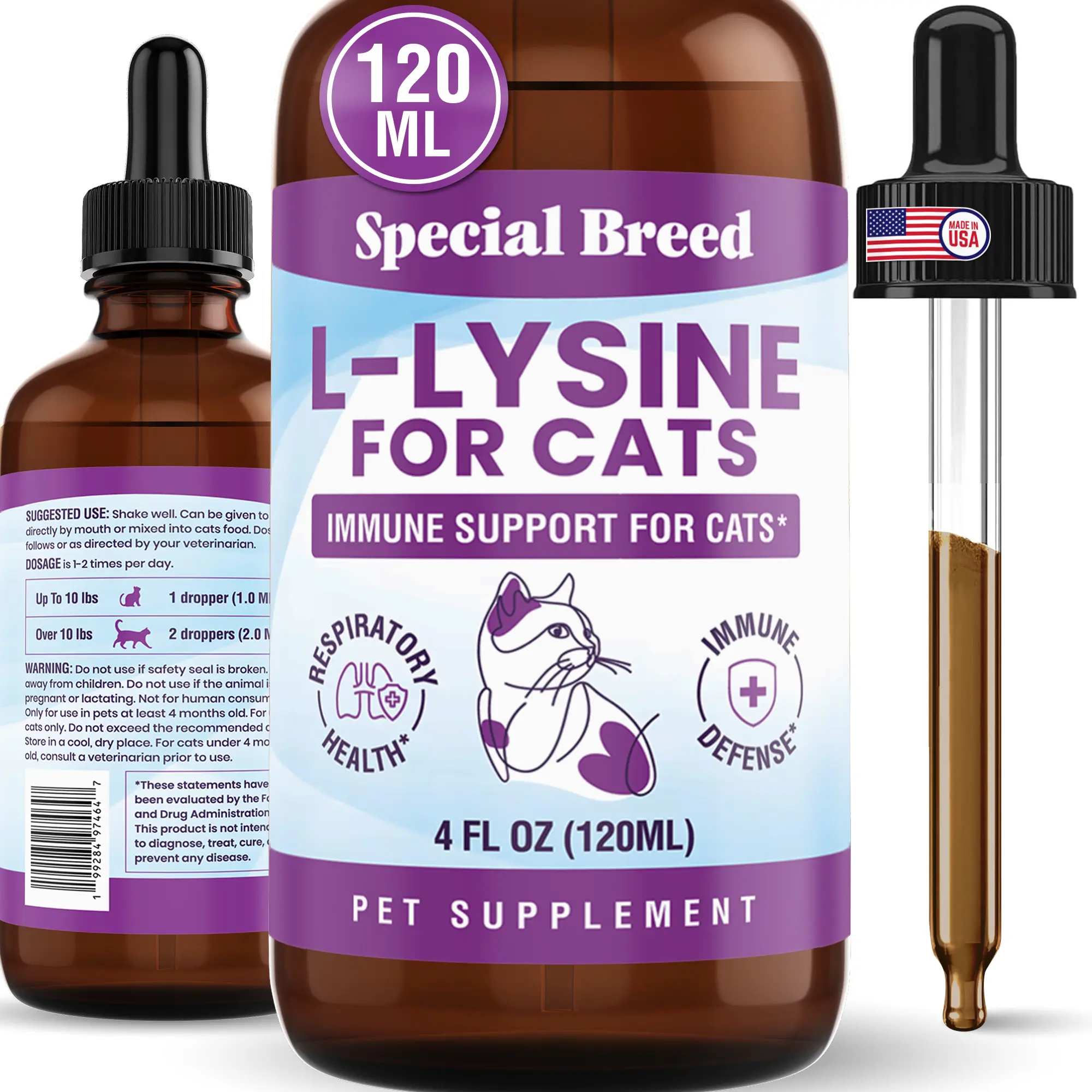 Special Breed L-Lysine Liquid Cat Supplement - 4oz(120mL) Herbal Bottle, Single Item with Astragalus, Burdock, Atractylodes, Dangshen, Vitamins A,B1,B2,B6, 24-Month Shelf Life, Immune Booster for Cats, Supports Respiratory & Eye Health