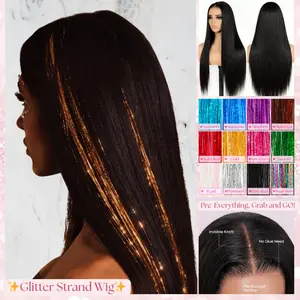 A Straight 13x6 Glueless 22inch Transparent Lace Glitter Tinsel Wig Raw 100% Human Hair Pre-Cut Pre-Plucked Natural Hairline Drawstring Natural Black, Burgundy Red, Blonde 613, Light Brown, Copper Ginger, Brown with Blonde Highlights Beginner Friendly Wig
