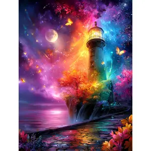 1pc 30x40cm/11.8x15.7Inch Large-sized Framed Round Diamond Painting Kit, A Lighthouse Dotted with Colorful Starry Skies, 5D Diamond Painting, All-artificial Rhinestone Mosaic Painting Kit, Painting Kit, Beginner's Handicraft