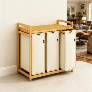Bamboo Shelf With Laundry Hamper, Single-layer With 3 Section, Laundry Sorter with Removable Cotton Bags -Three Compartment Organizer for Clothes - Durable, Eco-Friendly, and Stylish Storage,Home Storage Solution.