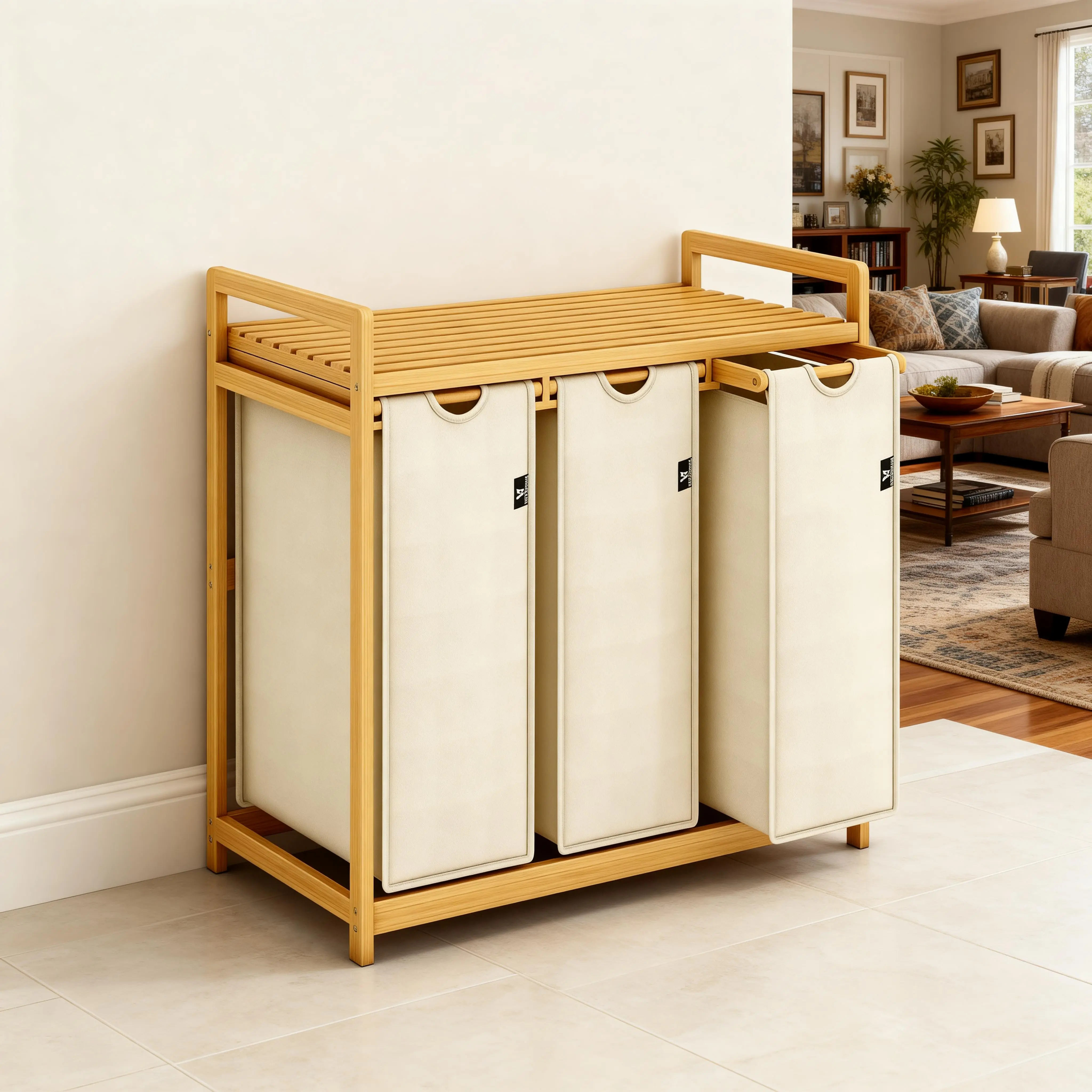 Bamboo Shelf With Laundry Hamper, Single-layer With 3 Section, Laundry Sorter with Removable Cotton Bags -Three Compartment Organizer for Clothes - Durable, Eco-Friendly, and Stylish Storage,Home Storage Solution.