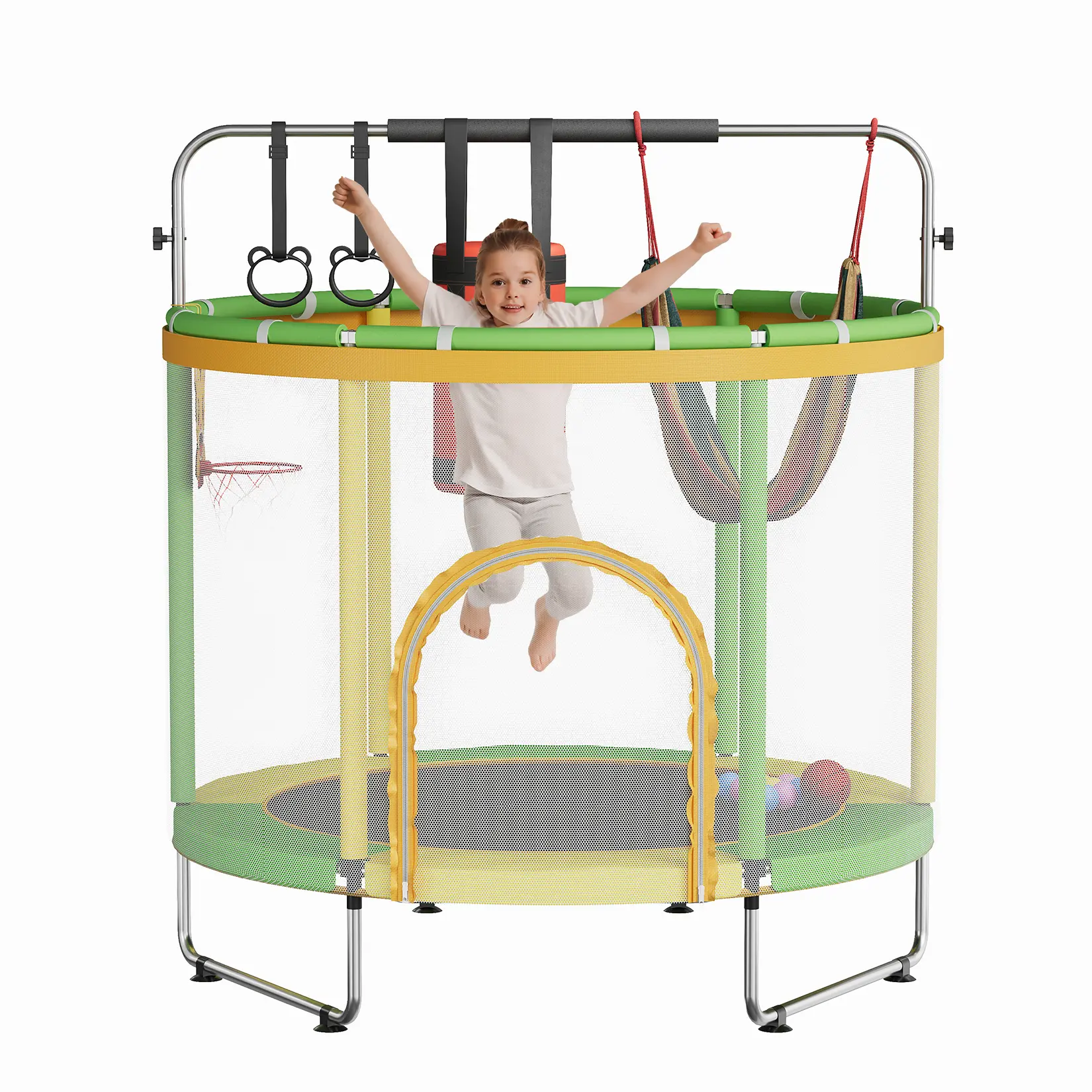 60" Kids Trampoline with Safety Enclosure Net & Adjustable Gymnastics Bar Multi-Toy Set & 440lbs Capacity for Ages 3-6