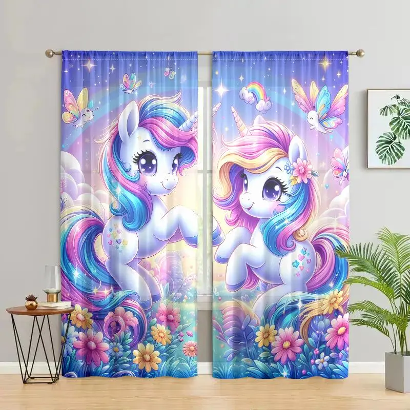 Cartoon Unicorn Pattern Curtain, 2 Counts/set Cute Unicorn Pattern Curtain, Home Decor Window Drapes for Bedroom, Living Room, Kitchen, Bathroom, Study, Curtain Panels