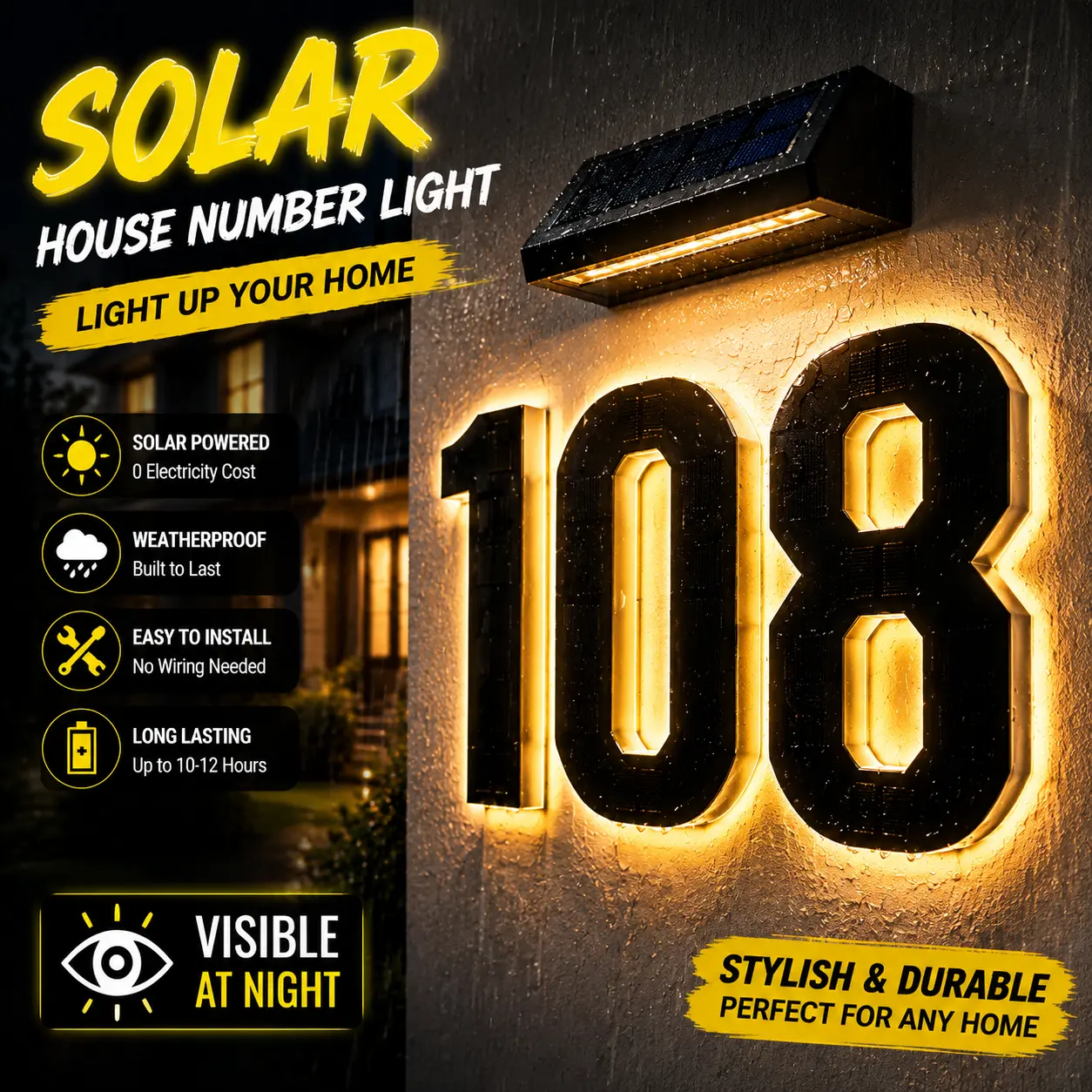 4 Inch Solar LED House Numbers - Waterproof Outdoor Address Signs, Multiple Style Options, Modern Farmhouse Illuminated Exterior Decor