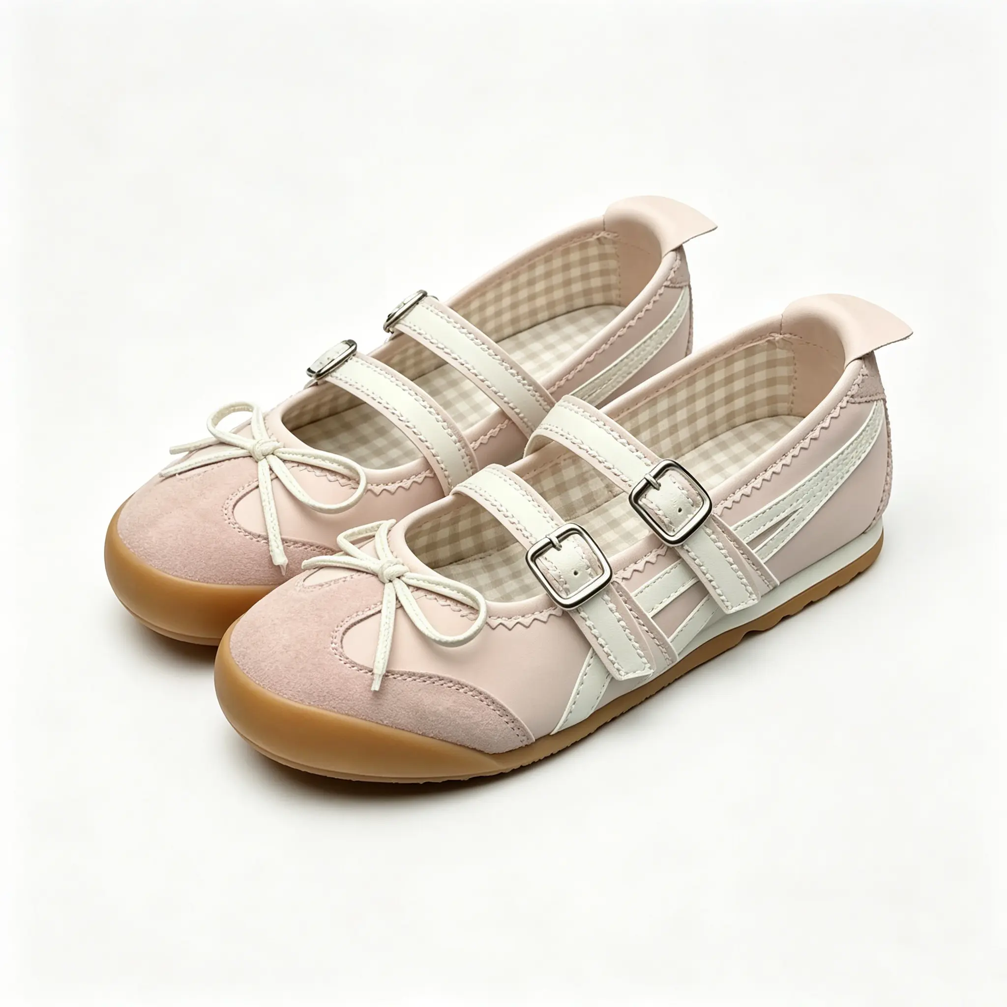 Women's Sweet Pink Mary Jane Flats, Leather Round Toe Shoes with a Low Heel, Bowknot, and Double Buckle Straps for Outdoors