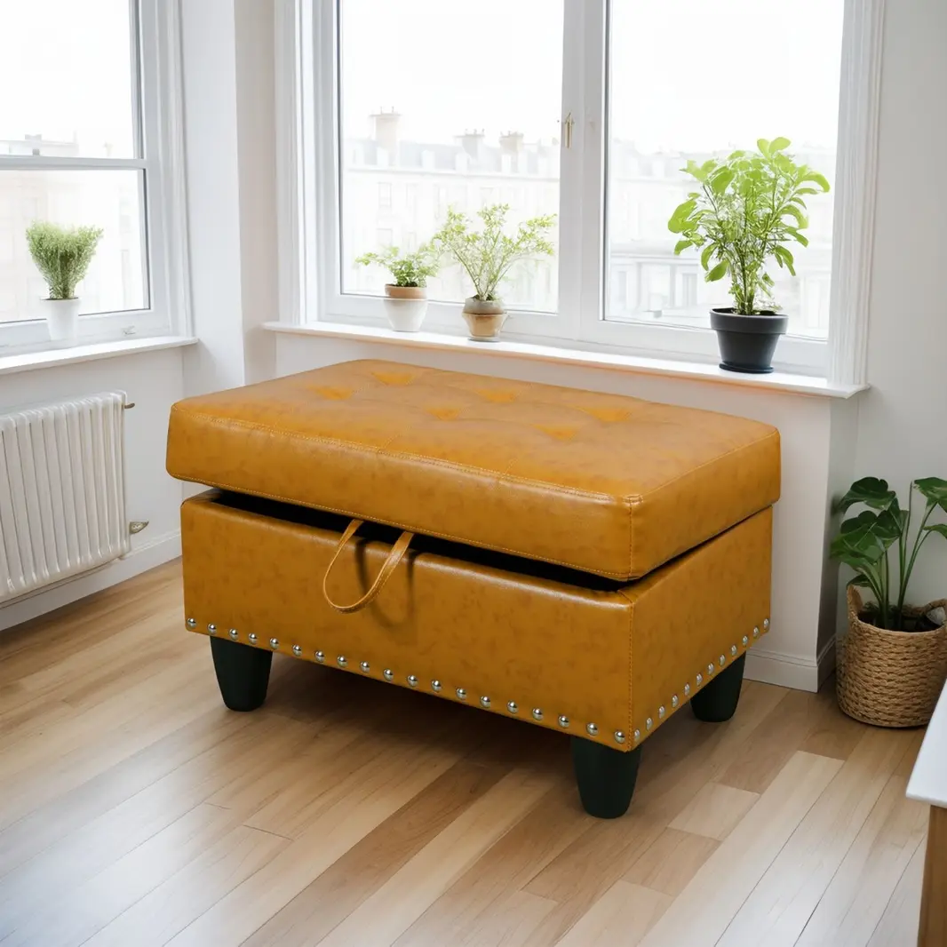 Faux Leather Storage Ottoman with High Density Memory Foam Cushions Sturdy Wood Frame 28.5x19x17.5 Inches for Living Room Den or Office Classic Look Comfortable Feel