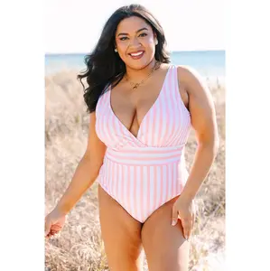Chic Soul Women's Sweet Stripes 1-Piece Bathing Suit - Pink, Deep Plunge Neck, Flattering Cut, Fully Lined, Polyester Blend, Removable Pads, Plus Sizes XL+XXL, Pool/Beach Wear