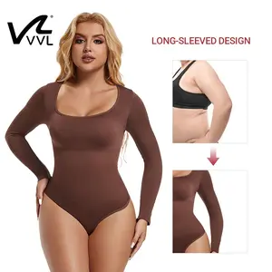 VVL Women's Long-Sleeve Square-Neck Thong Bodysuit – Seamless Tummy Control Shapewear, Minimalist & Comfortable for Everyday Wear