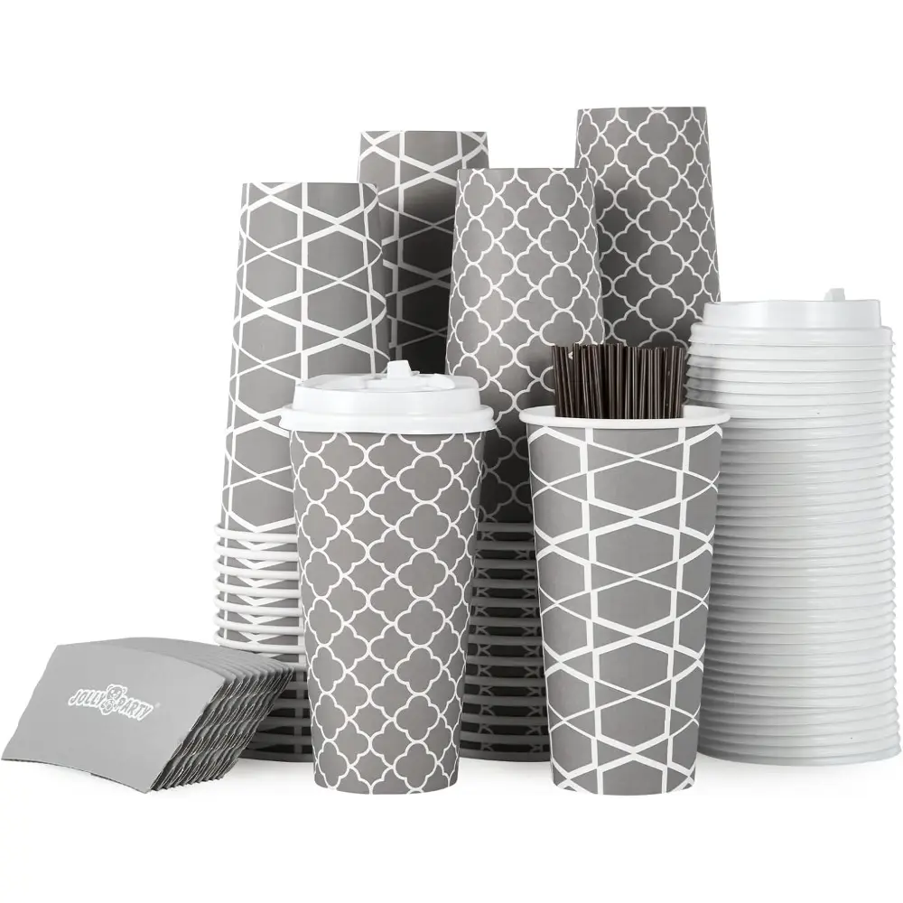 20 oz Thick Insulated Disposable Paper Cups Set - With Lids, Sleeves, Straws - For Hot & Cold Beverages - Hand-Use, Christmas, Thanksgiving, Business, Car Travel, Office Kitchenware Drinkware, Insulated Paper Cups
