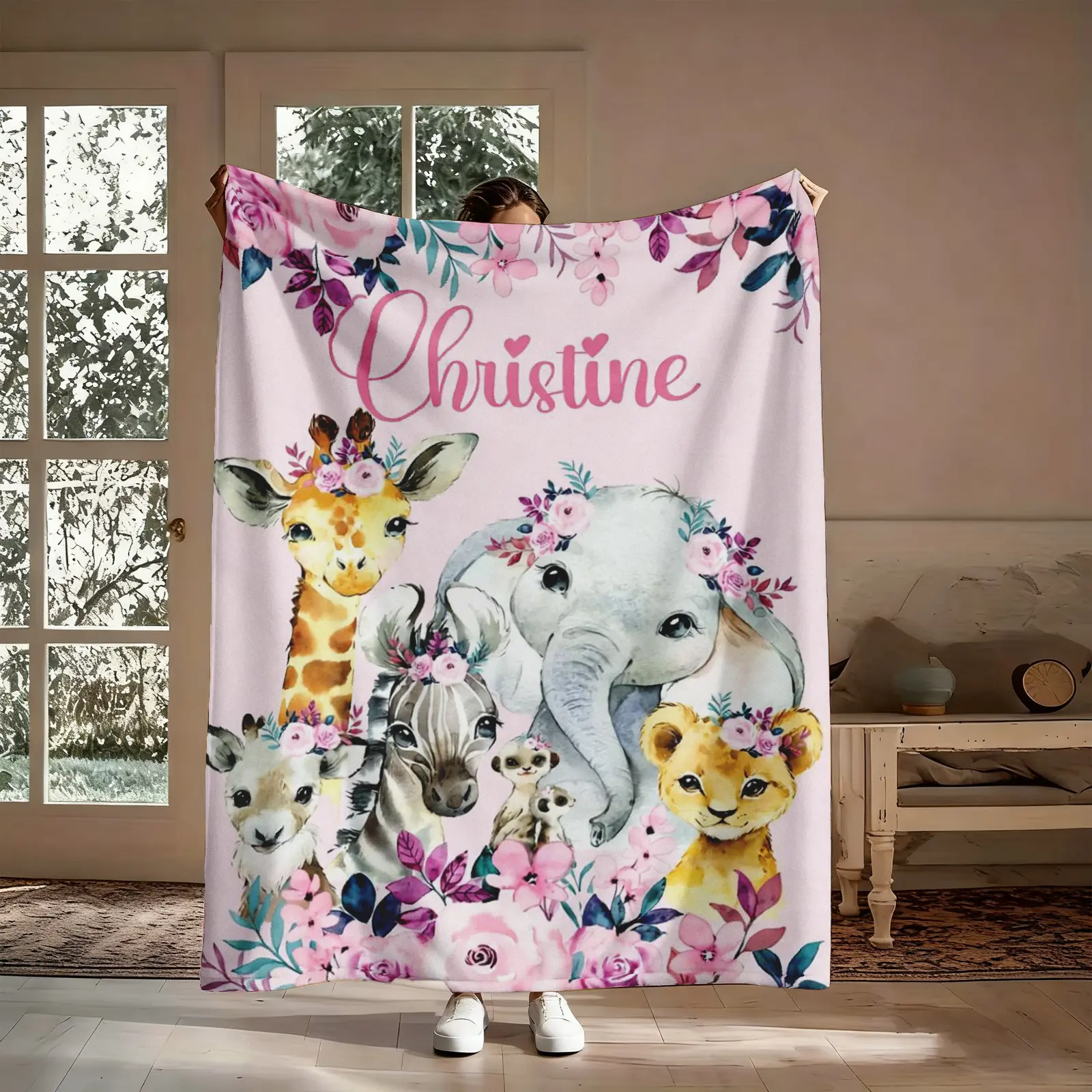 Personalized Animal Flannel Printed Throw Blanket - Giraffe, Elephant, Zebra, Lion, Watercolor Florals, Custom Name, Soft Throws Blanket for Couch Bed, Gift for Her, Birthday Christmas Aesthetic Keepsake Decor (Message Remarks), Flannel Printed Blanket